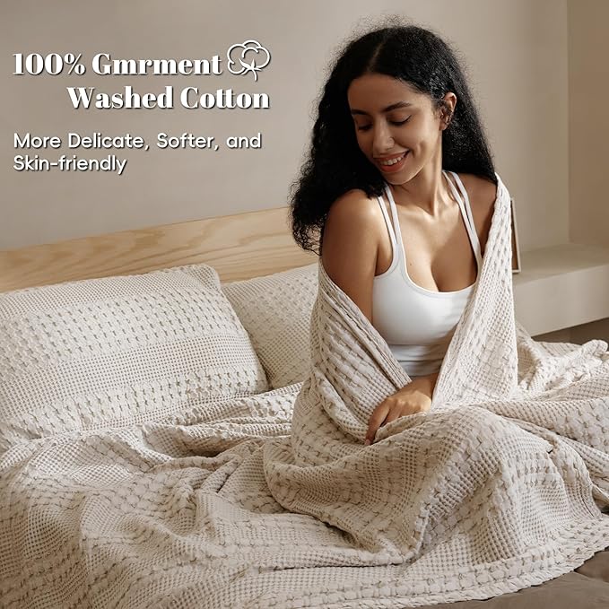 PHF 100% Cotton Waffle Weave Blanket King Size, Soft Lightweight Breathable Cozy Summer Blankets for Bed, Luxury Aesthetic Woven Bedding for Home Decor, 108"x90", Oatmeal