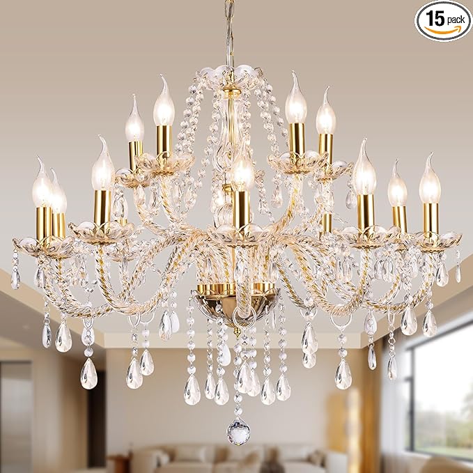 Modern Elegant 15 Lights K9 Crystal Glass Chandelier Golden Pendant Ceiling Lighting European Style for Dining Living Room Bedroom Transparent,15 E12 Bulbs Required