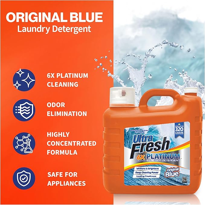 Ultra Fresh 2 x 2.5 Gallon Liquid Laundry Detergent Washing Soap for All Machine Types, 6X Platinum, Up to 640 Loads, Original Blue