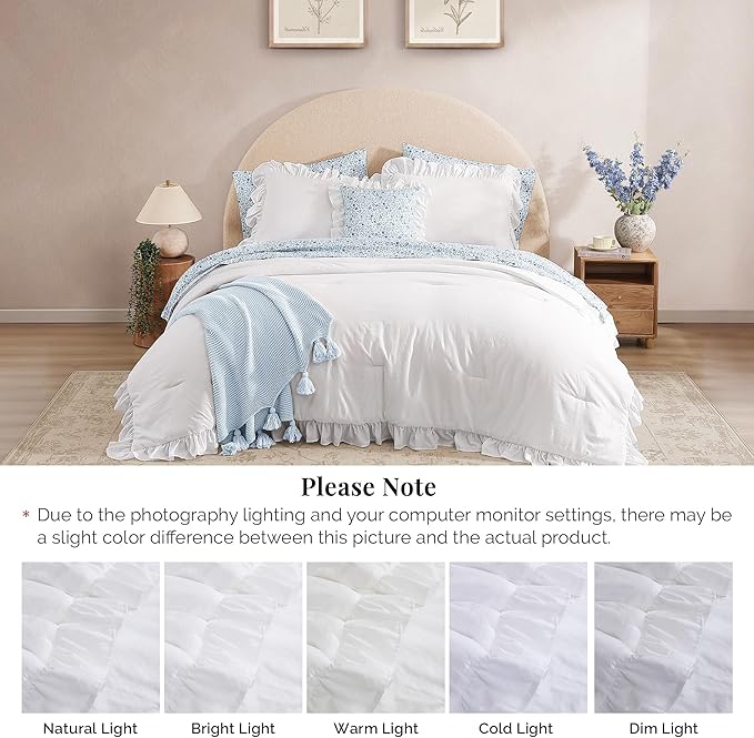 King Comforter Set - 7 Pieces Ruffle White Bedding Sets, Shabby Chic Farmhouse Bed in a Bag King with Ruffle Comforter, Floral Sheets, Pillowcases & Shams