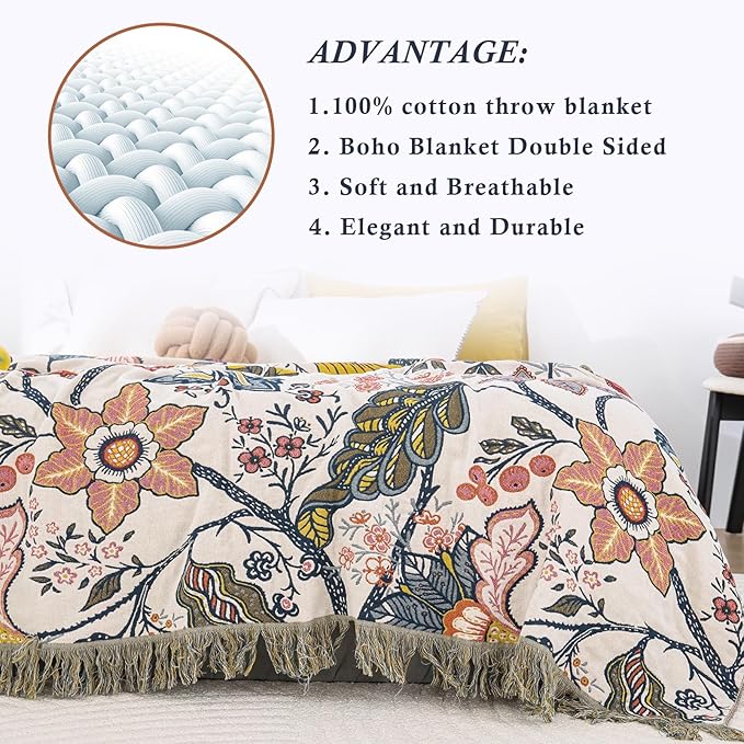 Snycler Boho Throw Blanket for Bed, 100% Organic Cotton Muslin Soft Throw-Floral Farmhouse Rustic Spring Summer Fall Decor Blanket for Couch Sofa Quilt and Gift, 80" x 90" White