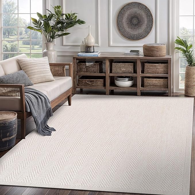 CAMILSON Easy Jute Rug 6x9, Indoor Outdoor Off-White Color Fiber Area Rugs for Living Room Patio and Bedroom Rug Herringbone Seagrass Woven Design Easy-Cleaning, Washable Outside Carpet Alfombras 6x9