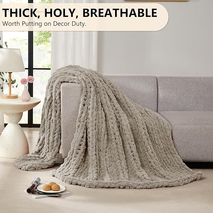 L'AGRATY Chunky Knit Blanket Throw: 60''x80'' Chenille Chunky Knitted Throw Blanket for Bed Couch - Handmade Thick Big Cable Knit Blanket - Large Crochet Rope Blanket for Home Decor(Light Linen)