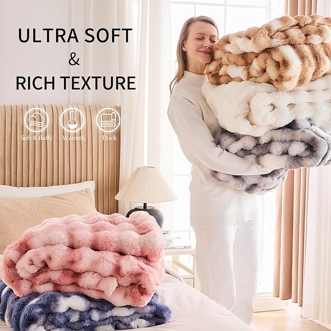 Cozy Faux Fur Throw Blanket for Bed Warm Fuzzy Throw Blanket, Soft Plush Thick Bubble Blankets for Bedroom and Living Room, Furry Luxury Blanket, 60 x 80,Tie-Dye Blue