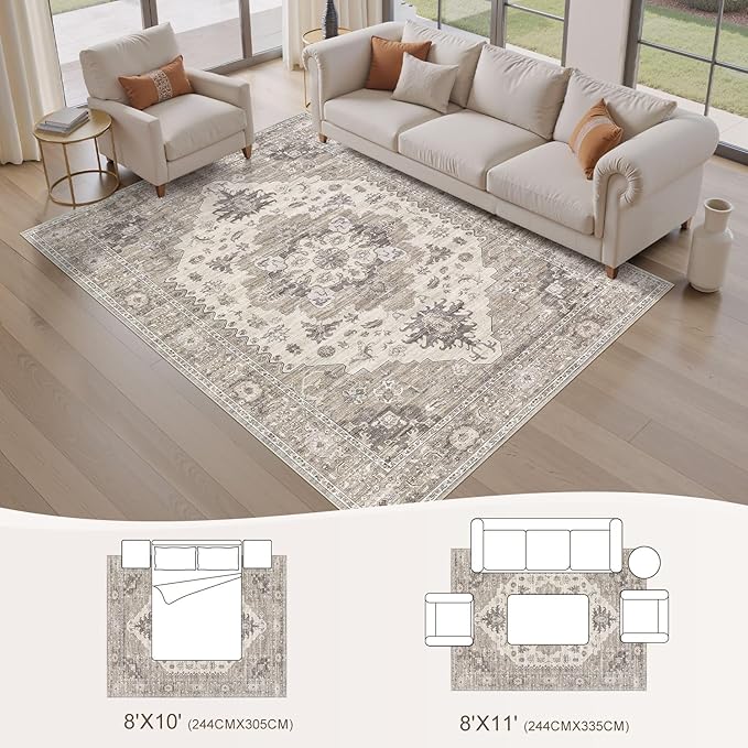 Washable Area Rugs for Living Room -8x11 Neutral Vintage Distressed Floral Farmhouse Boho Large Soft Floor Rug Indoor Non Slip Carpet for Living Room Bedroom Dining Room Office-Brown/Beige