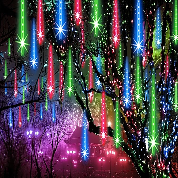 Meteor Shower Lights Outdoor Christmas Lights 24-Tube 576LEDs Snow Falling Rain Cascading Icicle Light for Christmas Tree Decorations Wedding Party Holiday Garden Decor, UL Plug Multi Color