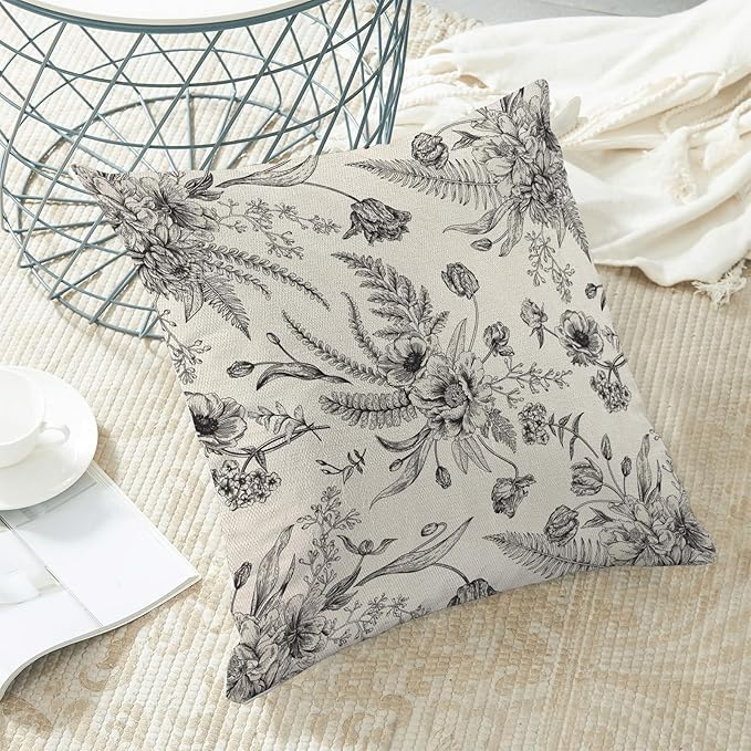 CXMEIFLY Spring Floral Leaves Pillow Covers 18 x 18 Inch Set of 2 for Chinoiserie Flowers Decor Throw Pillows Black and White Seasonal Plant Outdoor Decorative Cushion Cases for Couch Bed Decorations