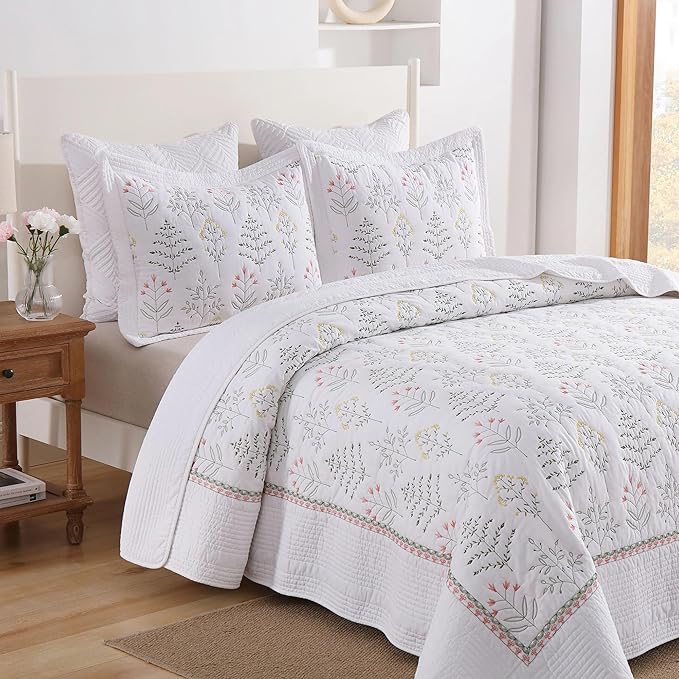 MarCielo 3-Piece 100% Cotton Oversized Bedspread Lightweight Quilt Coverlet Embroidery Farmhouse Bedding Set(TL Floral White,Oversized King (118"x106"))
