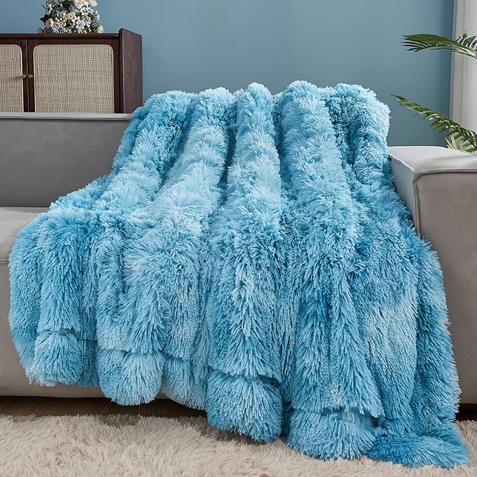 GONAAP Fuzzy Faux Fur Throw Blanket Twin Size Tie-dye Ocean Blue Super Soft Cozy Plush Fuzzy Shaggy Blanket for Couch Sofa Bed (Tie-dye Ocean Blue, Twin(60"x80"))