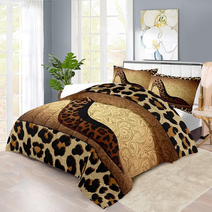 Leopard Comforter Set King Girls,Sexy High Heel Comforter for Women,Leopard Print Bedding Set King Adult,High Heel Quilt Bedroom Decor,African Animal Print Bedding Quilt