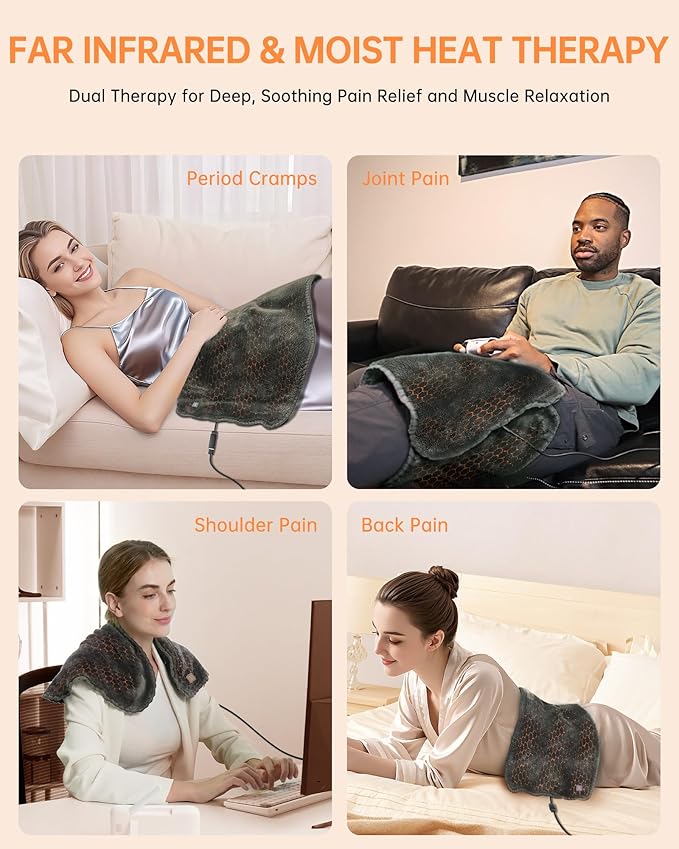 Nano Heating Pad Pain Relief, Far Infrared Heating Electric Pad for Period Cramps Back Neck, Washable, Car, Portable, for Women Mom Elder,12V Safe, Remote 6 Heat&Time(12"x24", Grey)