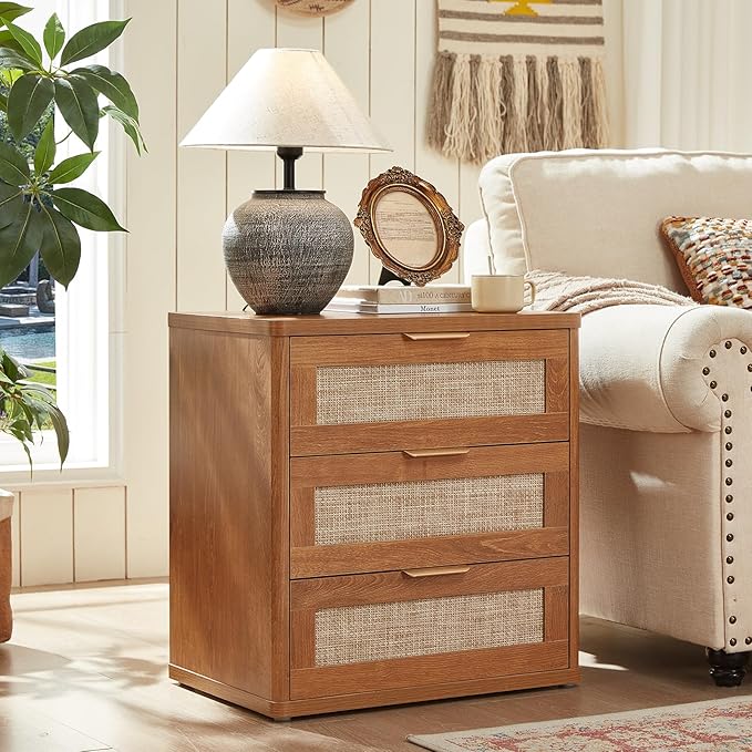 LEYAOYAO Boho Rattan Coffee Table and End Table Sets, 48" Wide Center Tables & 23" Night Stand with 3 Drawers, Brown Wood Coffee Table for Living Room 2 Piece Set