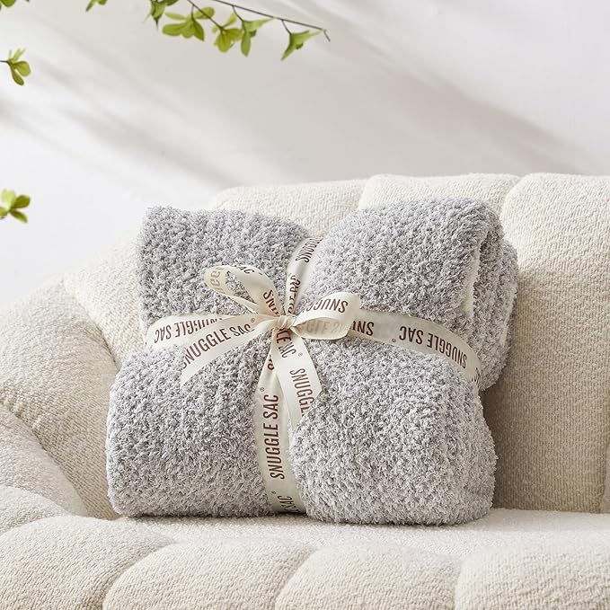 Snuggle Sac Heather Grey Throw XL Blanket for Couch, Super Soft Warm Blankets Cozy Knit Fuzzy Microfiber Throws Dupes for Sofa, Bed, Camping, Picnic, Heather Grey, 50x70 inches