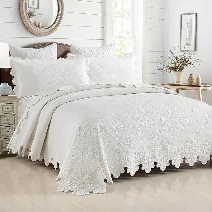 MarCielo 3-Piece 100% Cotton Oversized Bedspread Lightweight Quilt Coverlet Embroidery Farmhouse Bedding Set (TK White, Oversized Queen (100"x106"))