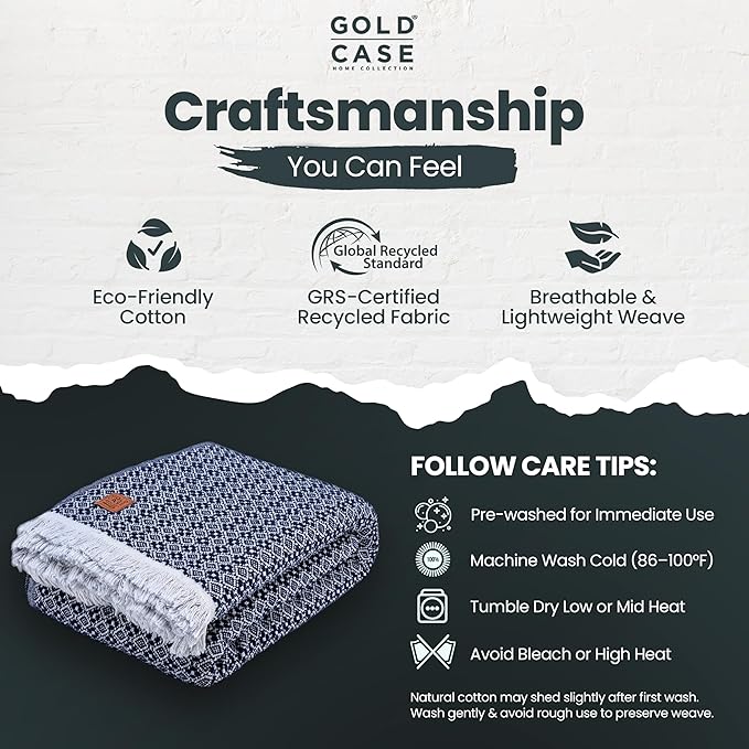 Gold Case Throw Blanket for Bed – 100% Recycled Turkish Cotton Bed Blanket – Decorative Throw Cotton Blankets for Living Room & Bedroom – Retro Navy Blue Woven Queen Blankets – 90x90