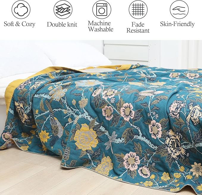 Snycler Boho Throw Blanket for Bed - 100% Cotton Ultra Soft Rustic Quilt Blanket Green Bird Floral Printed Farmhouse Decor Bed Blankets, 60"×80" All Season Rustic Throw for Sofa Couch Chair