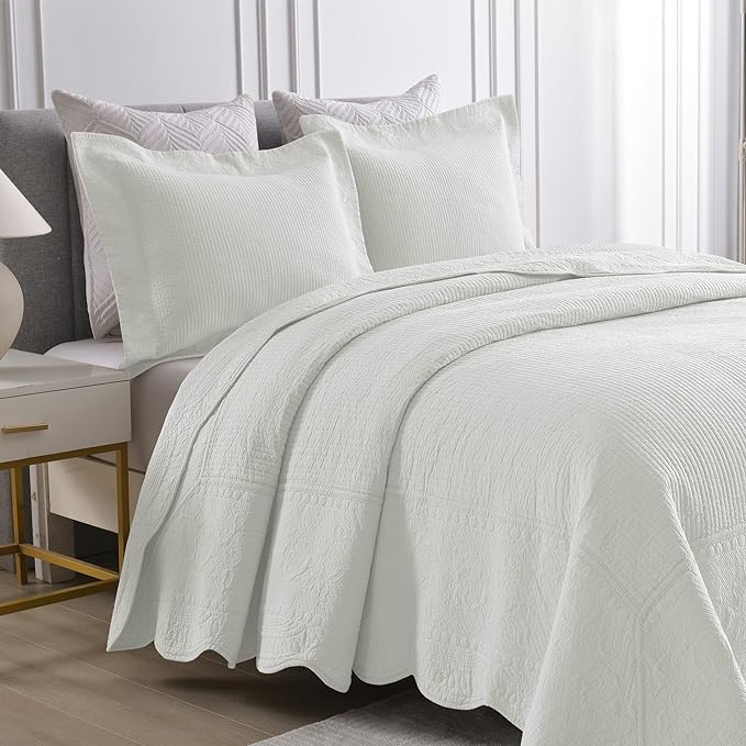 MarCielo 3-Piece 100% Cotton Oversized Bedspread Lightweight Quilt Coverlet Embroidery Farmhouse Bedding Set (TG Bright White, Oversized Queen (100"x106"))