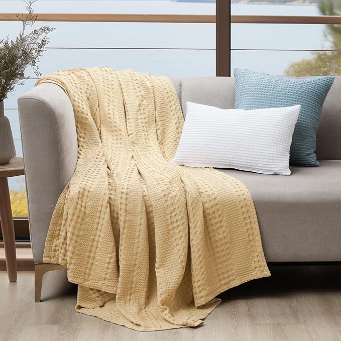 PHF Cooling Waffle Blanket King Size, Lightweight 60% Rayon Derived from Bamboo & 40% Cotton Breathable Blanket for Hot Sleepers, Soft and Luxury for Bed Couch and Sofa, 104"x90", Beige