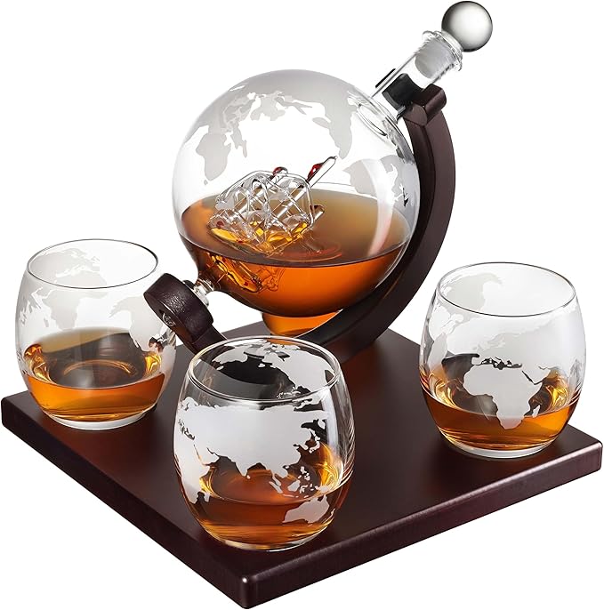 Whiskey Decanter Globe Set for Men with 4 Glasses, Bourbon, Rum, Scotch, Crystal Clear Decanter Sets - Whiskey Gifts for Men Dad Him (Globe Decanter)