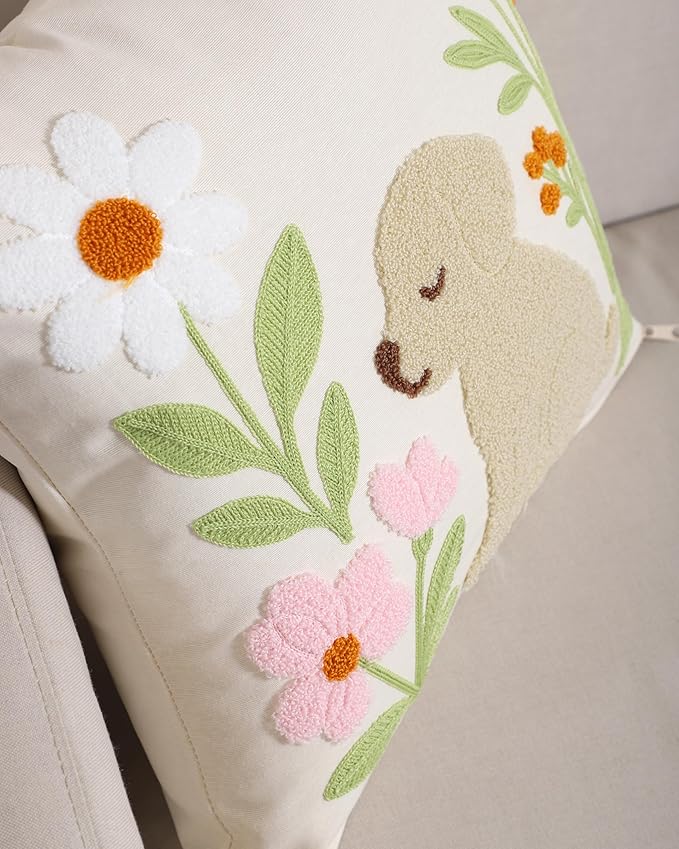 katre home madame & textile Embroidered Dog Pillow Cover – 18x18 inch Handmade Punch Needle Cushion – Boho Cotton Throw Pillow for Couch, Bed, or Gift for Dog Lovers