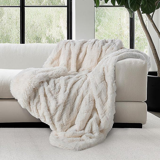 Mon Chateau Premium Reversible Queen Size Luxury Faux Fur Throw for Couch, Sofa, or Queen Size Bed - Plush Cozy Soft Blanket for Sleeping or Home Décor, 60" x 70" (Ivory Jacquard)