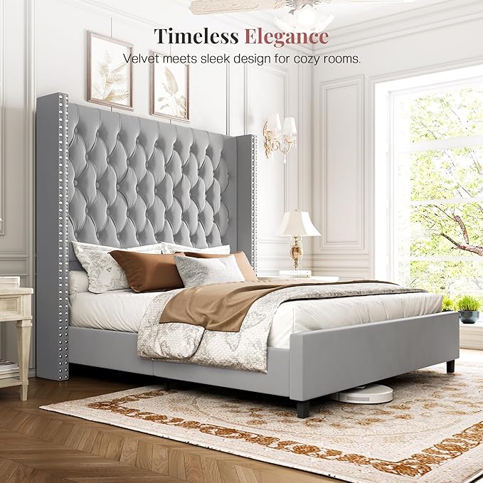 PaPaJet King Size Bed Frame with 61.4" Tall Headboard, Velvet Upholstered Platform and Handmade Deep Button Tufting, No Box Spring Required, Grey