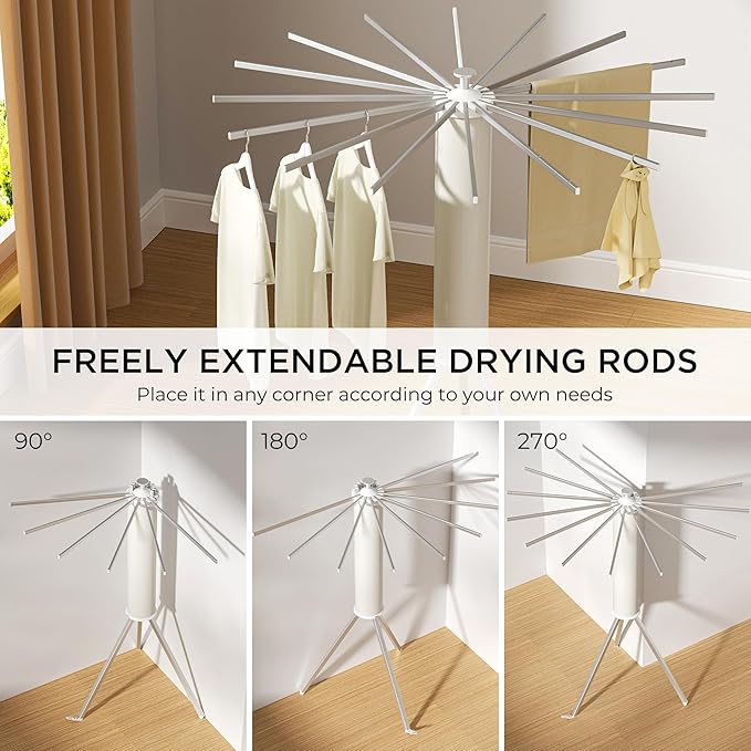 Tripod Clothes Drying Rack, Garment Rack Portable and Foldable Space Saving Laundry Drying Rack - Dryer Rack Clothing Floor Folding Balcony Bedroom Household (Silver(Aluminum), 16 rods)