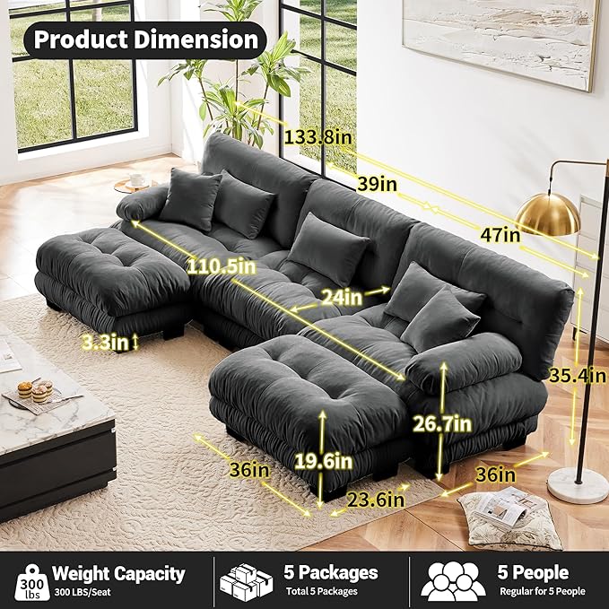 U Shaped Couch Sectional Couch, 3-Seater Cloud Couch Sectional Oversized Couch, Sofa Bed Couch with Round Bolster Armrests 5 Pillows, Modular Couch Home Sofa Living Room Couch(Gray)