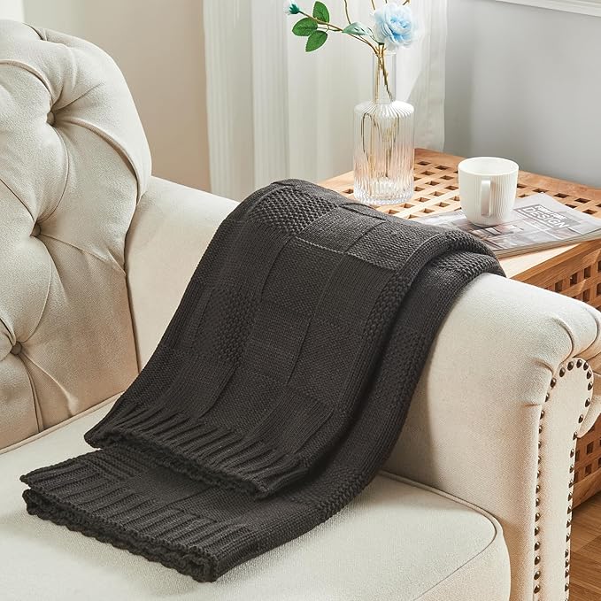 CozeCube Check Knit Throw Blanket, Jet Black Checkered Throw for Couch, Decorative Christmas Soft Cozy Warm Knitted Blanket for Bed Sofa Living Room, 60"X80"