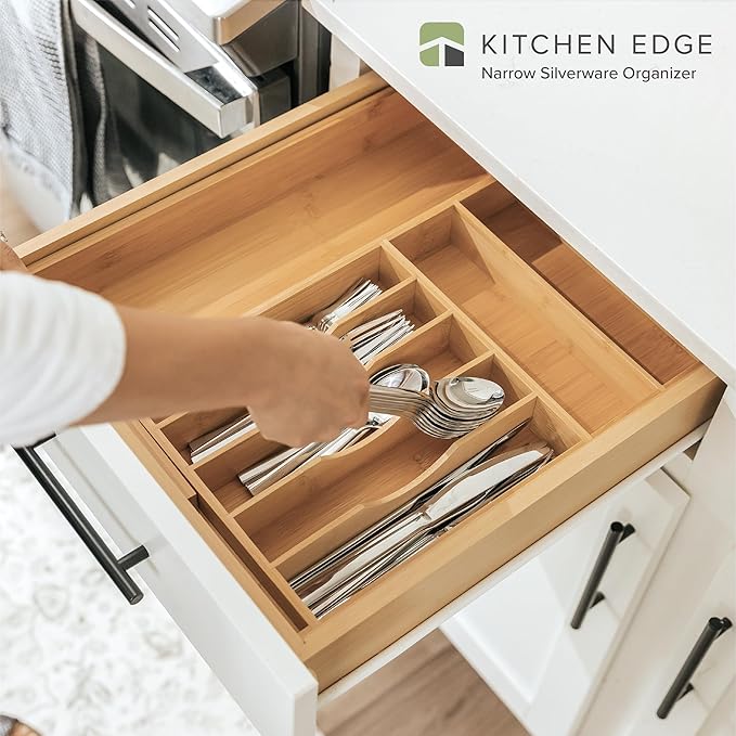 Premium Silverware, Flatware and Utensil Organizer for Kitchen Drawers, Food-Safe Contract Grade, Expandable from 10.5 to 19 In, Natural Bamboo