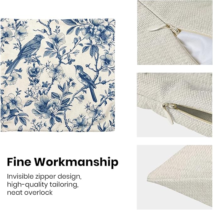 Navy Blue Spring Floral Pillow Covers 18 x 18 Inch Set of 2 for Chinoiserie Vintage Flowers Bird Decor Throw Pillows Plant Farmhouse Outdoor Decorative Cushion Cases for Couch Bed Decorations