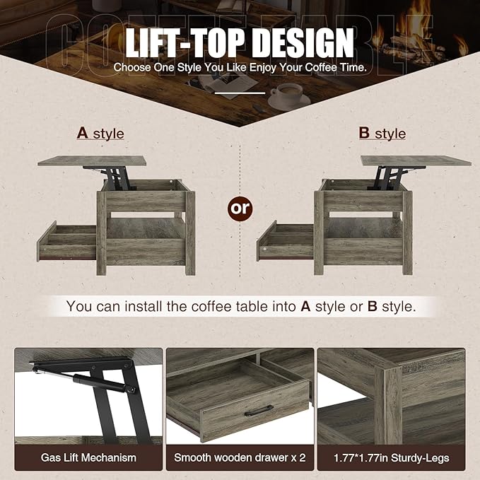 Rolanstar Coffee Table, 47.2" Lift Top Coffee Table with Drawers and Hidden Compartment, Retro Central Table with Wooden Lift Tabletop, for Living Room, Washed Oak