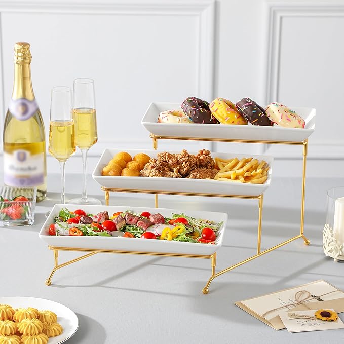 MALACASA 3 Tier Serving Trays for Party, 12 Inch Porcelain White Trays for Serving Food, Dessert Stand with Collapsible Gold Metal Rack