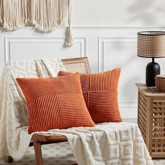 Fancy Homi Set of 2 Burnt Orange Decorative Throw Pillow Covers 28x28 Inch for Living Room Couch Bed, Boho Farmhouse Fall Home Decor, Soft Corss Corduroy Patchwork Textured Cushion Case 71x71 cm