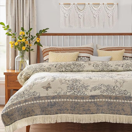 jinchan Boho Floral 100% Cotton Blanket 4-Layer Throw Blanket with Tassel Grey and White Flower Butterfly Soft Luxury Rustic Farmhouse Decor Blanket for Couch Bed 80x90 inch All Season Gift for Women