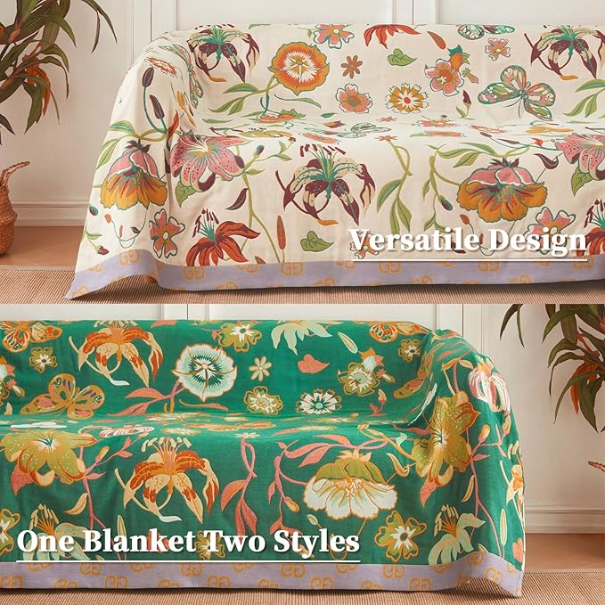 Floral Throw Blanket Pure Cotton Ultra Soft Lightweight Blanket Reversible Farmhouse Blankets Reversible Rustic Throw for Sofa Couch (60"x80",05-Butterfly and Flower)