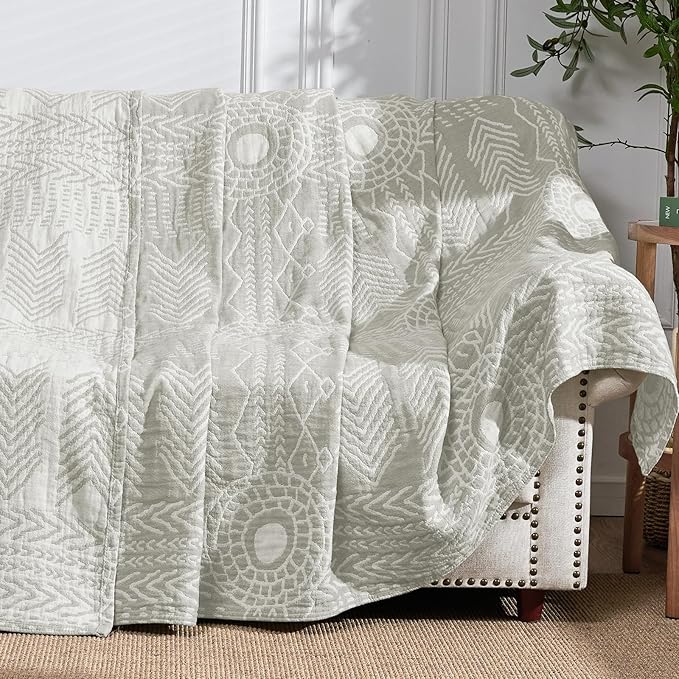 JINCHAN Boho 100% Cotton Muslin Blanket 3-Layer Twin Size Geometric Lightweight Reversible Soft Cozy Throw for Couch Sofa Bed All Season Coverlet Gift Bedroom Living Room Decor Light Grey 60x80 Inches