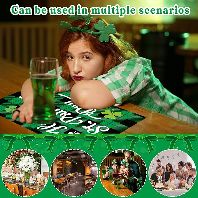 St. Patrick’s Day Placemats Set of 6 Buffalo Plaid Plastic Table Mats Lucky Shamrock Place Mats Blessed Holiday Table Decoration for Indoor Outdoor Party Kitchen Dining