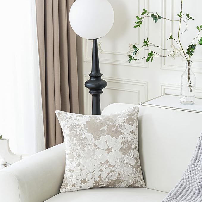 Jacquard Throw Pillow Covers 18x18 Inch Set of 2 - Vintage Floral Boho Pillow Cases with Botanical Pattern | Farmhouse Decor for Couch | Soft Textured Neutral Trio Light Khaki Warm Beige 18" x 18"