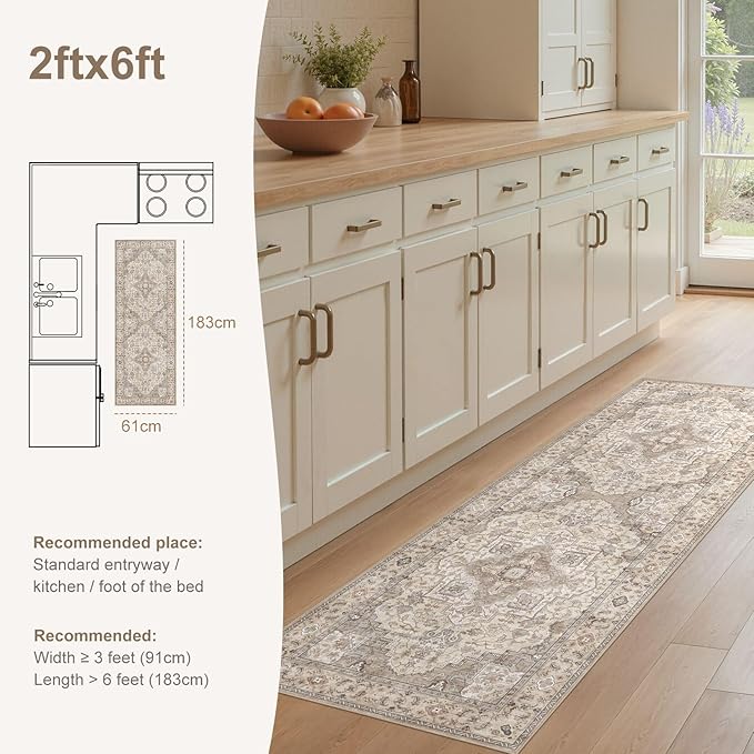 Washable 2x6 Runner Rug - Area Rugs Neutral Vintage Distressed Floral Farmhouse Boho Large Soft Floor Rug Indoor Carpet for Hallway Entryway Bedroom Kitchen - Brown/Multi