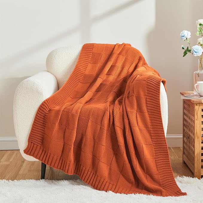 CozeCube Check Knit Throw Blanket, Rust Orange Checkered Throw for Couch, Decorative Christmas Soft Cozy Warm Knitted Blanket for Bed Sofa Living Room, 50"X60"