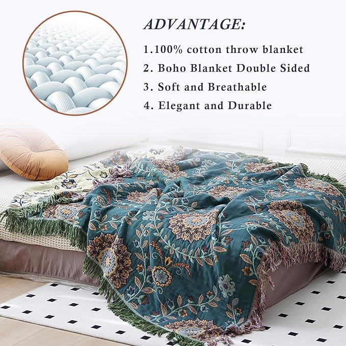 Snycler Boho Throw Blanket for Bed - 100% Cotton Ultra Soft Rustic Quilt - Blue Green Floral Printed Farmhouse Decor Bed Blankets, 80"×90" All Season Rustic Throw for Sofa Couch Chair