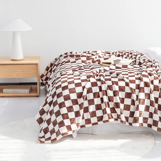 LOMAO Throw Blankets Flannel Blanket with Checkerboard Grid Pattern Soft Throw Blanket for Couch, Bed, Sofa Luxurious Warm and Cozy for All Seasons (Coffee, 50"x60")