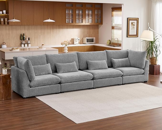 Oversized Modular Sofa, Extra Deep Cloud Chenille Sectional Couch with Ottoman Chaise, Fluffy Chenille 4 Seater Sofa for Living Room, Villa (Basic 4 Seater, Chenille Grey)