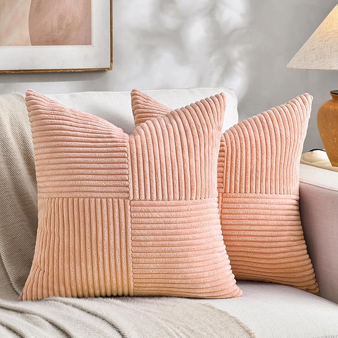 Fancy Homi 2 Packs Peach Big Decorative Throw Pillow Covers 24x24 Inch for Couch Bed Sofa, Rustic Farmhouse Boho Home Decor, Soft Corss Corduroy Patchwork Accent Square Cushion Case 60x60 cm