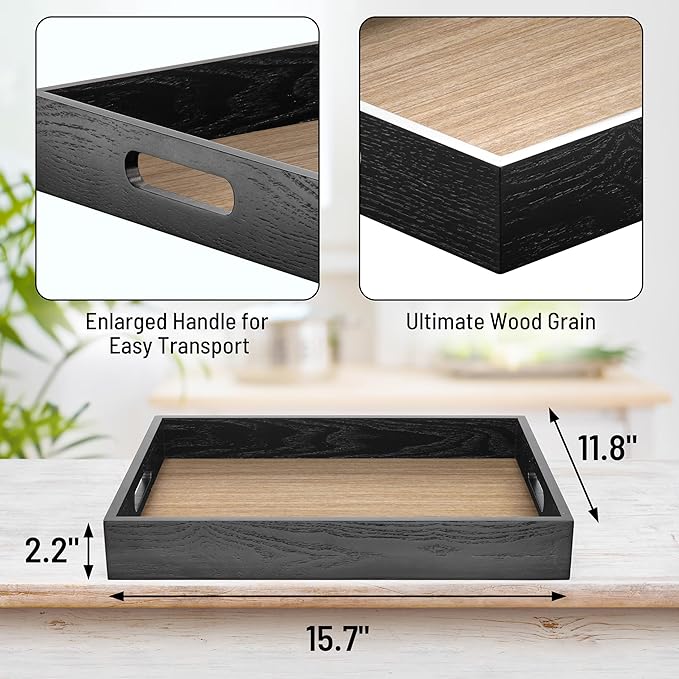 Wood Serving Tray with Handles, Home Decorative Wooden Rectangle Ottoman Decor Platter Vanity Tray for Breakfast Dinner Drinks Kitchen Dining Living Bathroom Restaurants Black Wooden