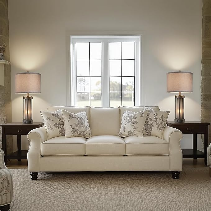 Set of 2 Rustic Table Lamps for Living Room with 2 USB Ports, Vintage Bedside Lamps with Gray Frosted Glass Night Light for Bedroom Desk Lamps for Entryway, 4 Bulbs Included