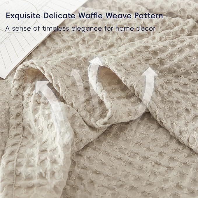 PHF Ultra Soft Waffle Weave Blanket King Size 104"x 90"- Washed Lightweight Breathable Cozy Woven Blanket for Bed - Aesthetic Decor for Couch Bedding Sofa Home Car - Light Khaki/Linen