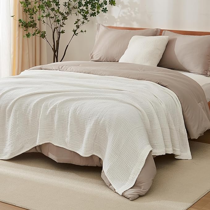 EMME Cotton Blanket King Size for Bed Soft Muslin Blankets 108"x90" Lightweight Breathable Layering Blanket Bedspread Coverlet All Season Gauze, White