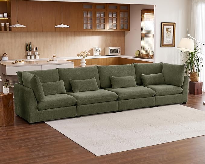 Oversized Modular Sofa, Extra Deep Cloud Chenille Sectional Couch with Ottoman Chaise, Fluffy Chenille 4 Seater Sofa for Living Room, Villa (Basic 4 Seater, Chenille Green)